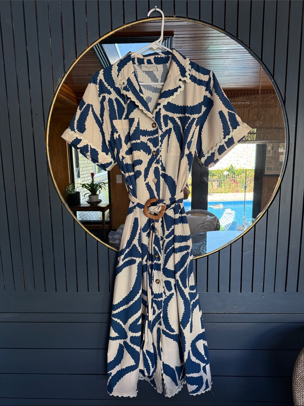 Dress Forum Navy & Cream Abstract Button-Front Midi Dress with Belt